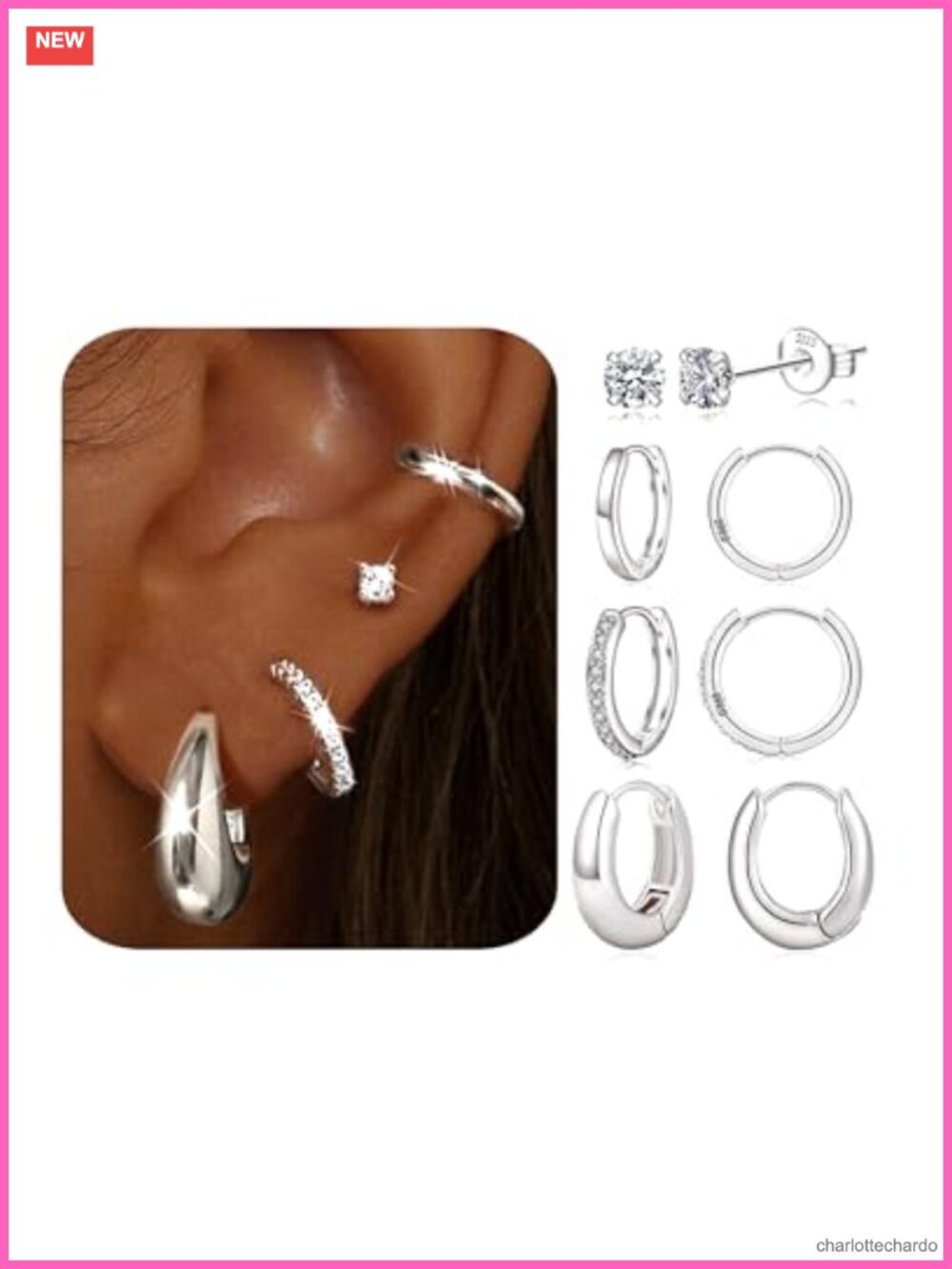 Sterling Silver Earring Set 4 Pair Hoop Stud Cubic Zirconia Hypoallergenic Gift
